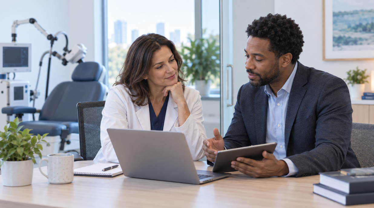 A clinic, medical device, and funding pathway connected by arrows