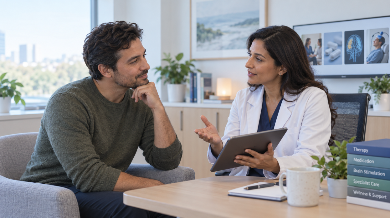 A central patient icon connected to therapy, medication, specialist care, and brain stimulation pathways